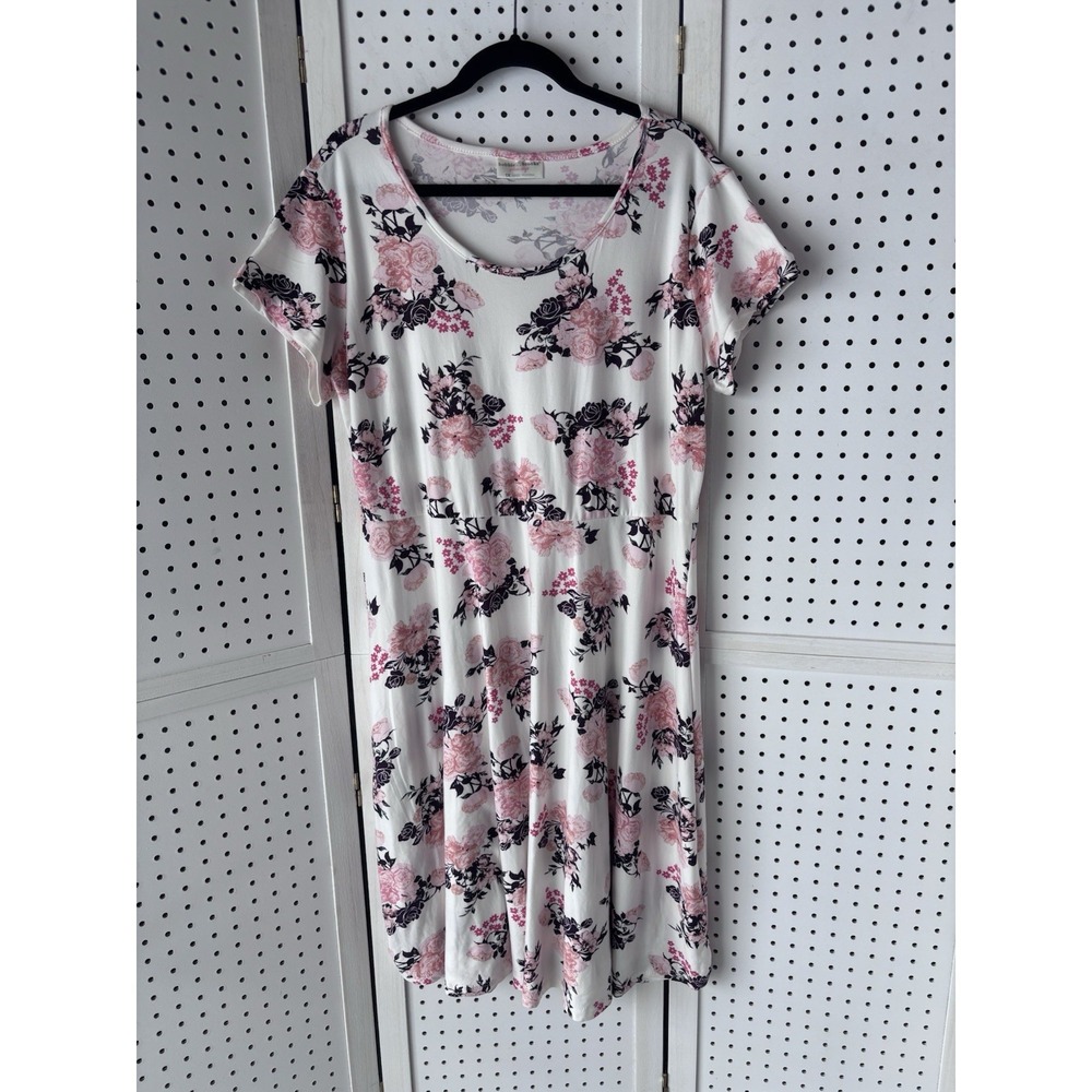 Bobbie Brooks Women's 1X Floral Tee Shirt Jersey Dress Ivory Pink Purple Stretch